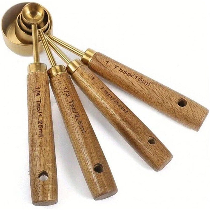 Set de linguri de masurare din otel inoxidabil cu maner din lemn, 4 piese, cu masuratori metrice si americane