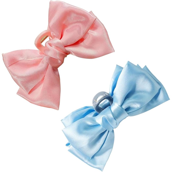 Set 2 clips de par cu fundita, non-alunecare, roz/albastru, pentru par gros