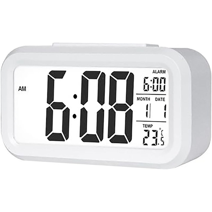 Ceas desteptator digital 12/24 ore, cu display LCD, data, calendar si temperatura, alb