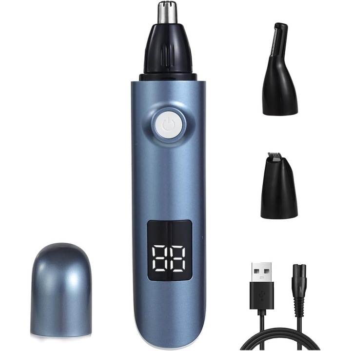 Aparat de tuns pentru nas si urechi, cu display LED, impermeabil IPX7, 2 capete de schimb, reincarcabil USB