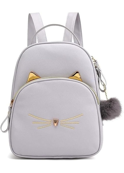 Rucsac fashion dama, mini, design brodat pisica, gri deschis, 21x12x27cm