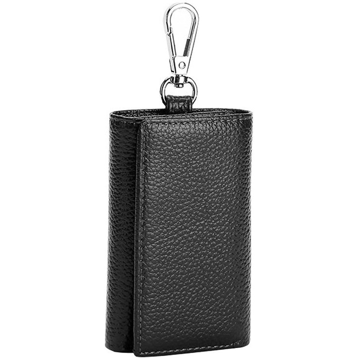 Breloc din piele, design triplu, 6 carlige metalice, buzunar pentru bani, negru