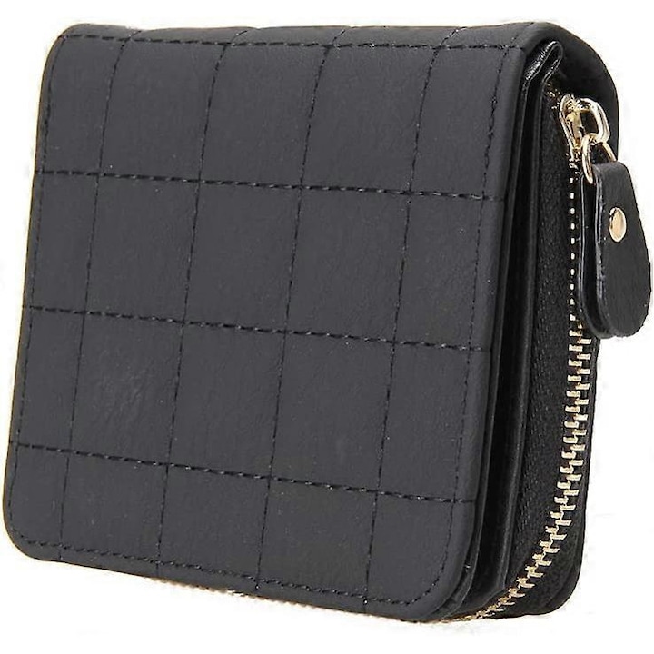 Portofel dama, piele PU premium, design cu carouri, 7 sloturi pentru carduri, negru, compact