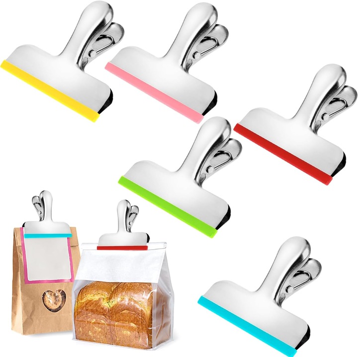 Set 5 clips pentru pungi alimentare, inox, multicolor, 7.6cm