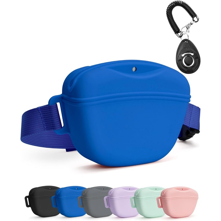 Sac pentru recompense caini cu clicker de dresaj, capacitate 1.67 cani, inchisa magnetic, silicon, albastru, dimensiuni 12.5x10x5cm
