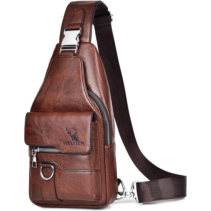 PU bőr válltáska, férfi, nagy kapacitású, 5 rekeszes, sötétbarna, 15x6x30cm