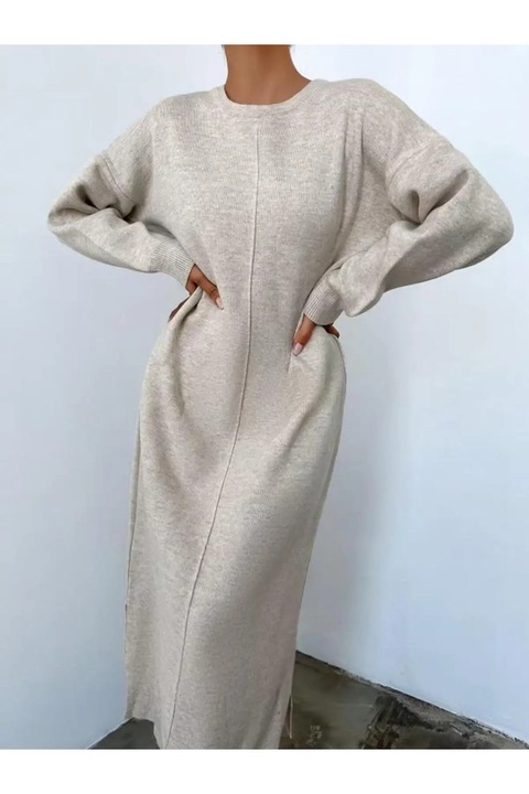 Дълга Бежова Рокля, Свободна Кройка, Дълги Ръкави, Странична Цепка, Един Размер INTL