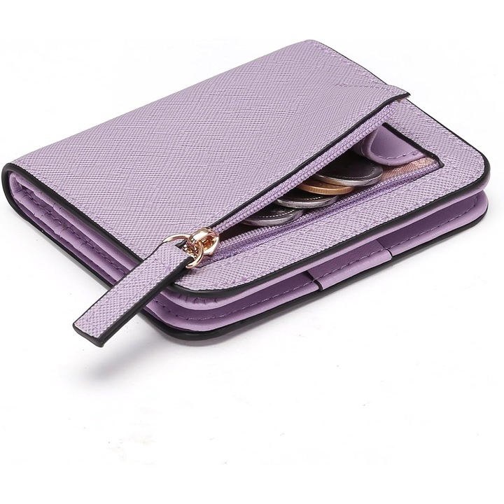 Portofel dama compact din piele, 6 sloturi carduri, 1 fereastra ID, 1 compartiment bancnote, 1 buzunar cu fermoar, mov, 10.5x9x8cm