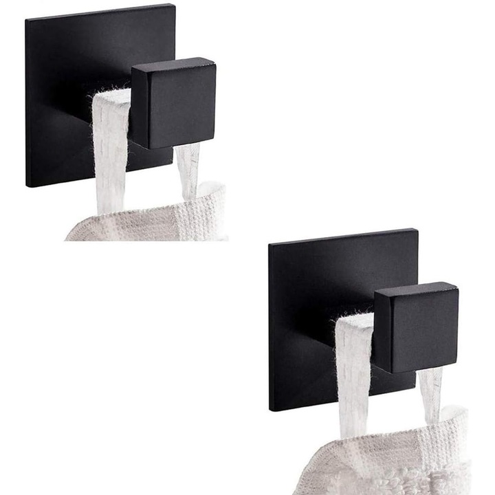 Carlige patrate din inox SUS 304, set de 2, negru, autoadezive