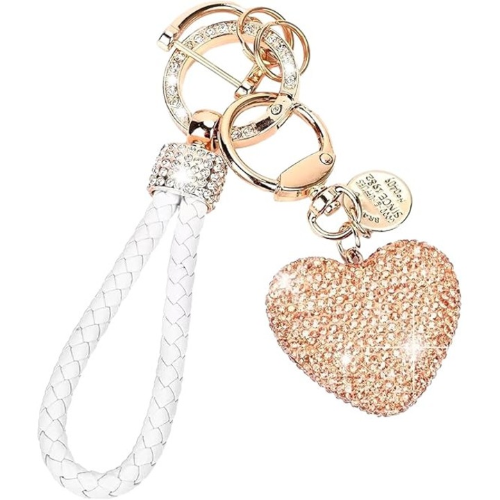 Gyémánt kulcstartó, szív alakú, táska kiegészítő szett, pezsgő színű