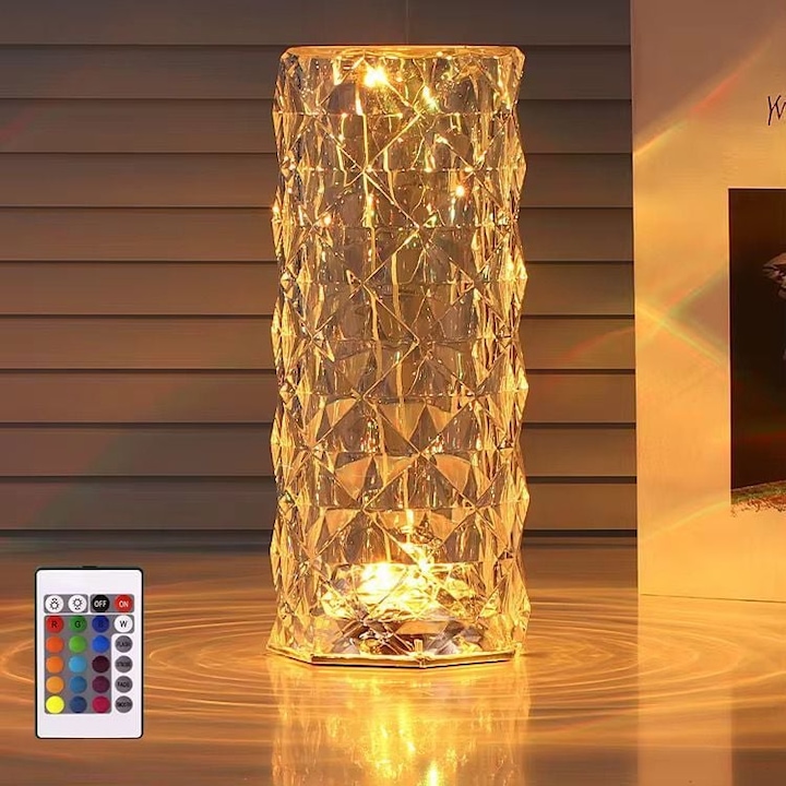 Veioza LED decorativa tip cristal, portabila si reincarcabila, cu control tactil si 3 culori de lumina – design elegant si atmosfera romantica
