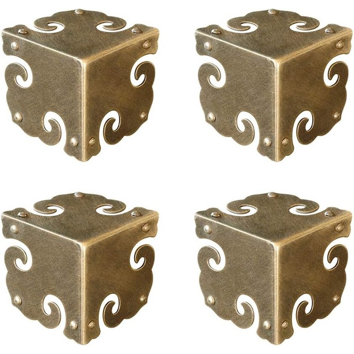 Set 4 coltare vintage din alama, bronz antic, pentru cutii bijuterii, usi si feronerie mobilier