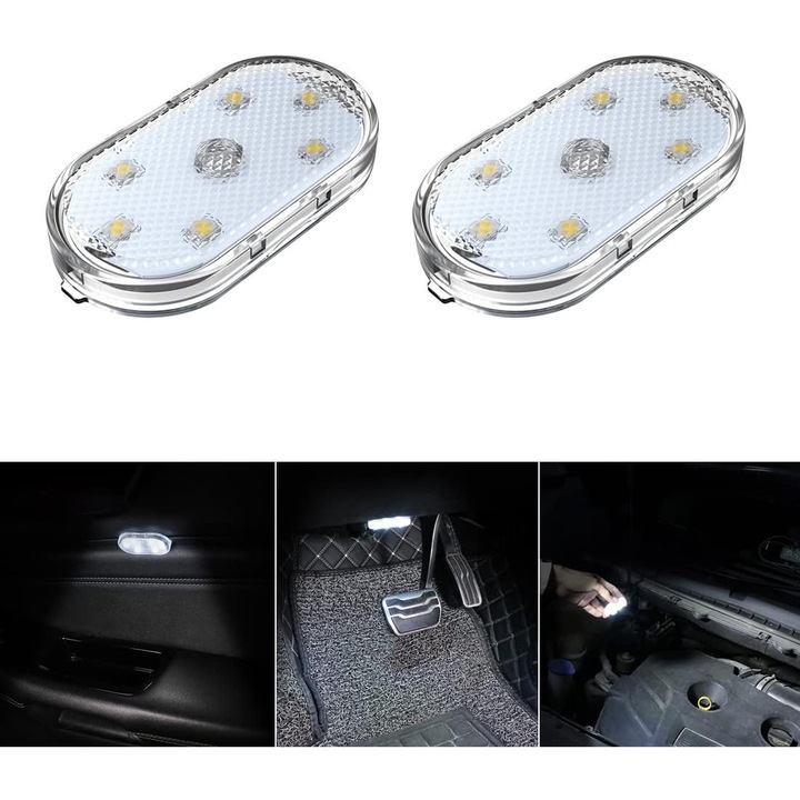 Set 2 lumini LED pentru interior auto, alb, USB reincarcabil, mini, design integrat, utilizare usoara
