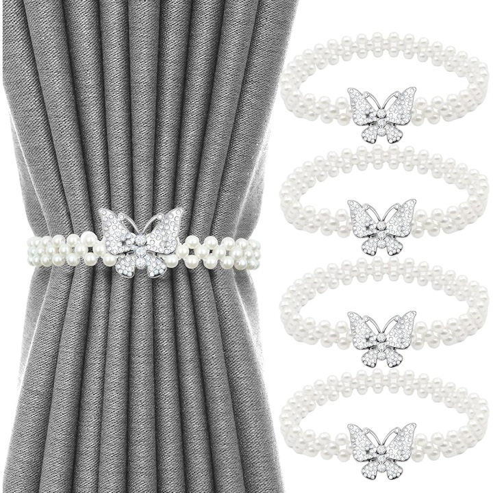 Set 4 clips pentru perdele, fluture, argintii, 4cm