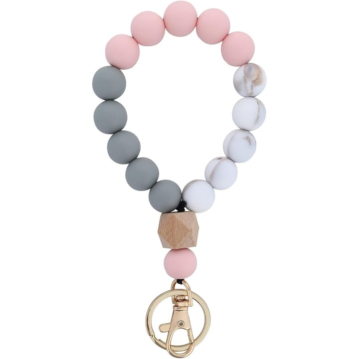 Kézi kulcstartó, szilikon gyöngyös karkötő, rózsaszín, női szett
