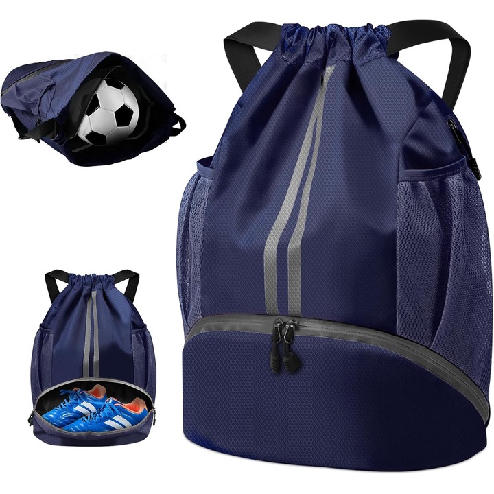 Sac de sport unisex, impermeabil, cu compartiment pentru incaltaminte, 33x43cm, albastru inchis, multifunctional