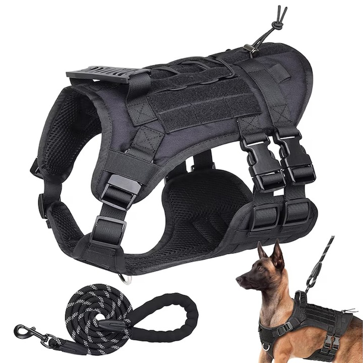 Set ham si lesa pentru caine, Axroad Mall, Fara tragere, Din plasa respirabila, Cu maner, Moale si confortabil, Vesta cu lesa de caine de 1,5 metri, Ajustabila, pentru dresaj, plimbare, drumetii, Negru ( Marime S )