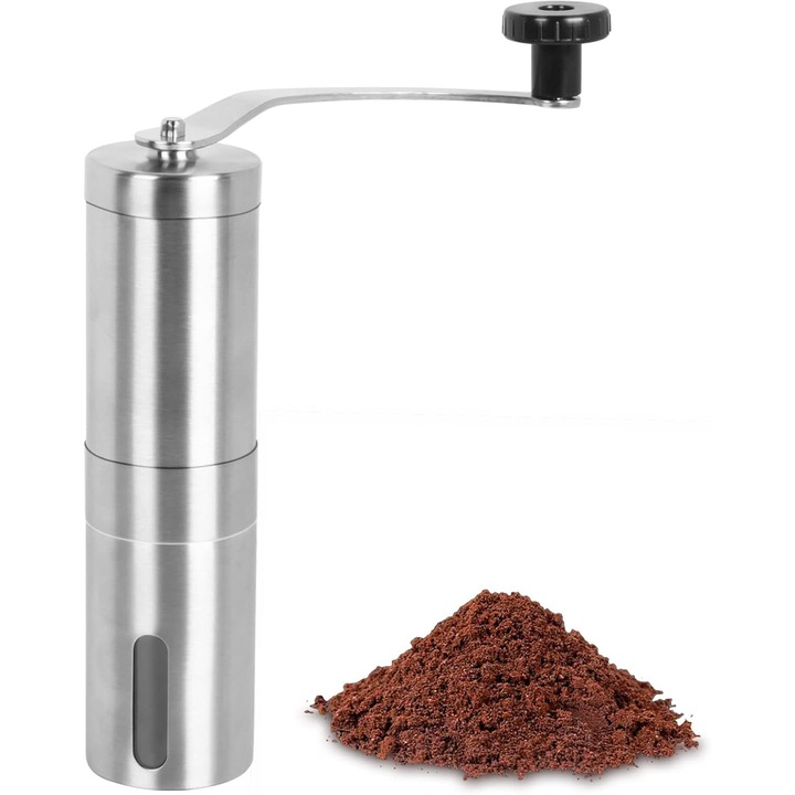 Macinator manual de cafea din inox, cu maner, dimensiune ajustabila, portabil
