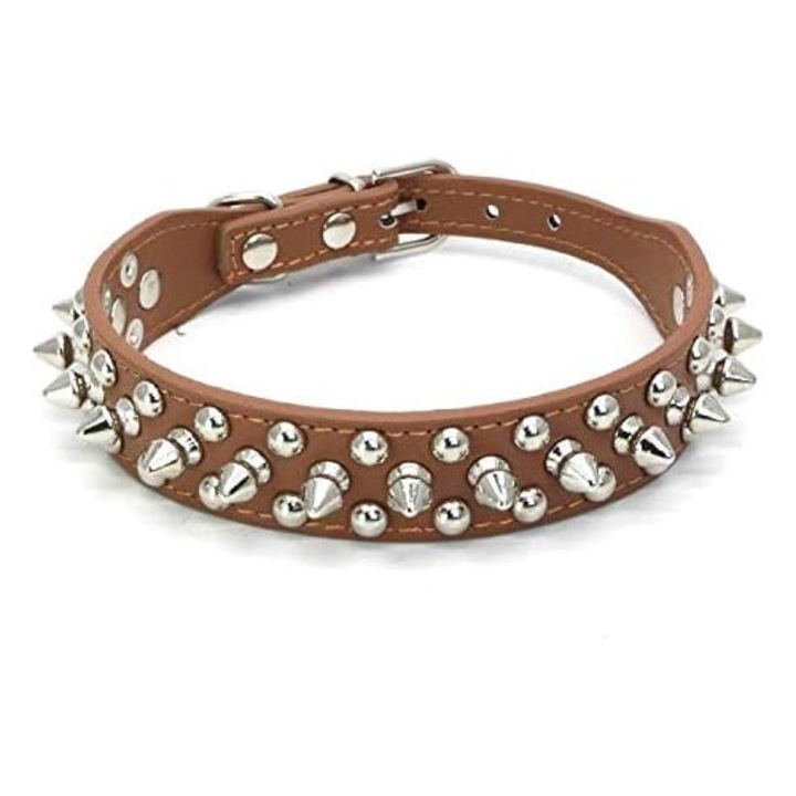 Zgarda pentru animale de companie din piele ecologica, 3 randuri de tinte retro, maro, L