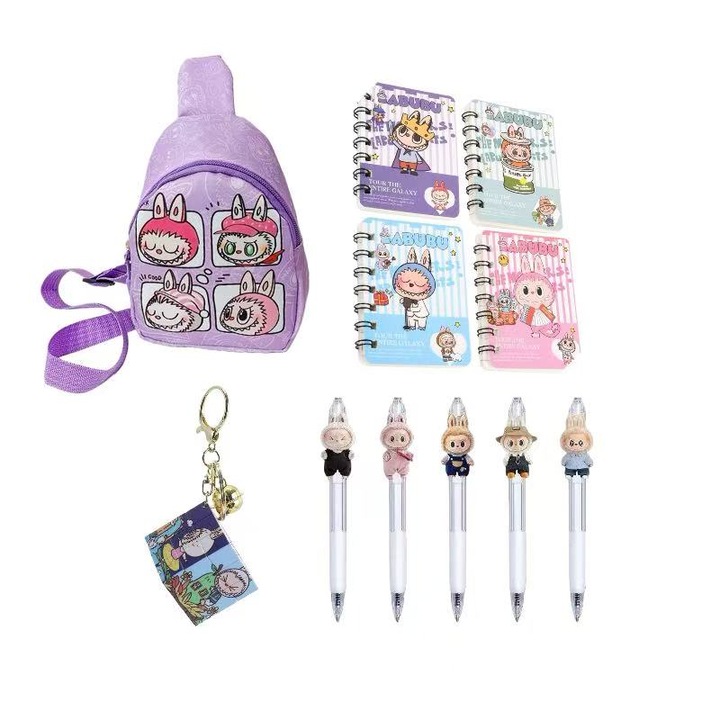Set geanta crossbody pentru copii, 4 caiete, 5 pixuri, jucarie puzzle,14x18x6.5cm