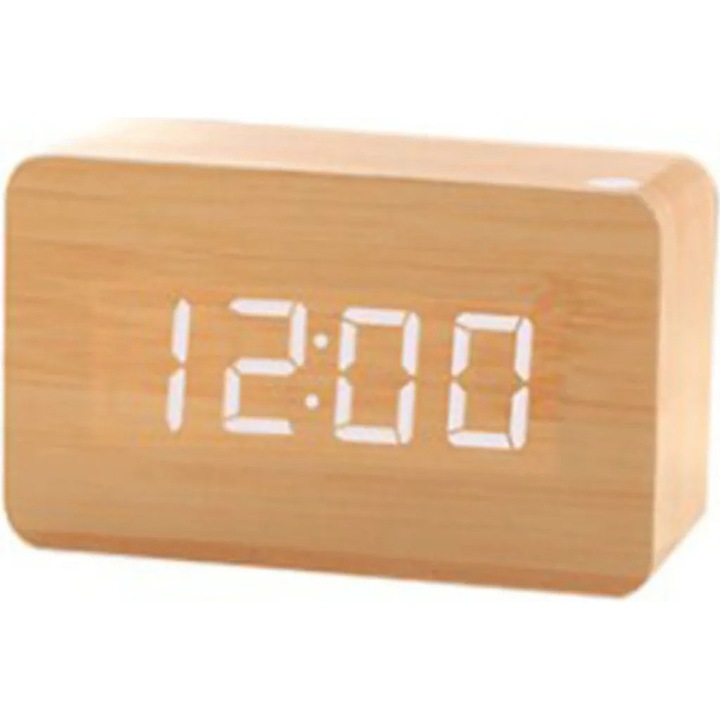 Ceas de alarma digital din bambus, cu display LED, functie de alarma, temperatura si data, 100x70x40mm