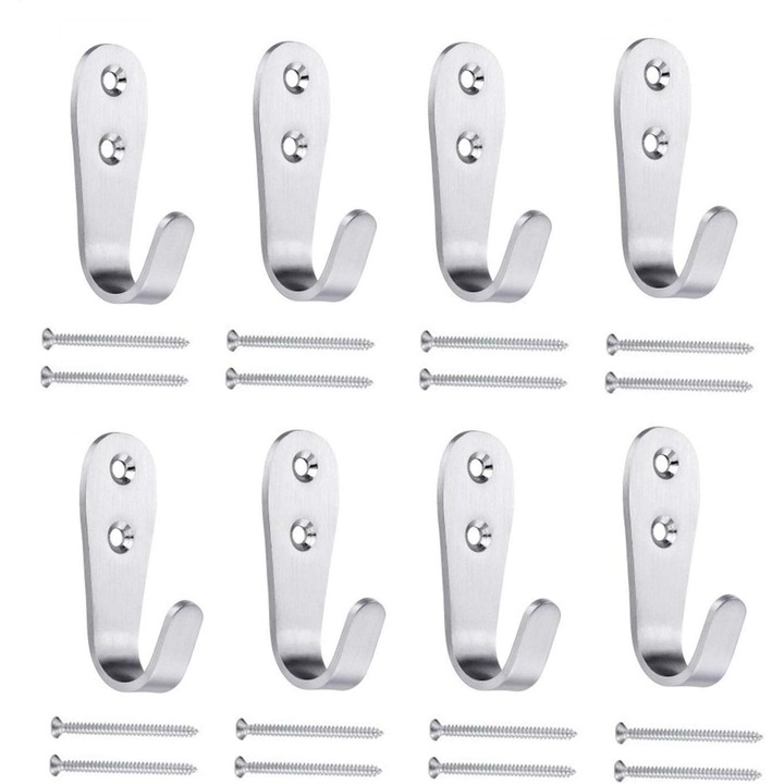 Set 8 carlige de perete din otel inoxidabil, rezistente, pentru usi, argintii