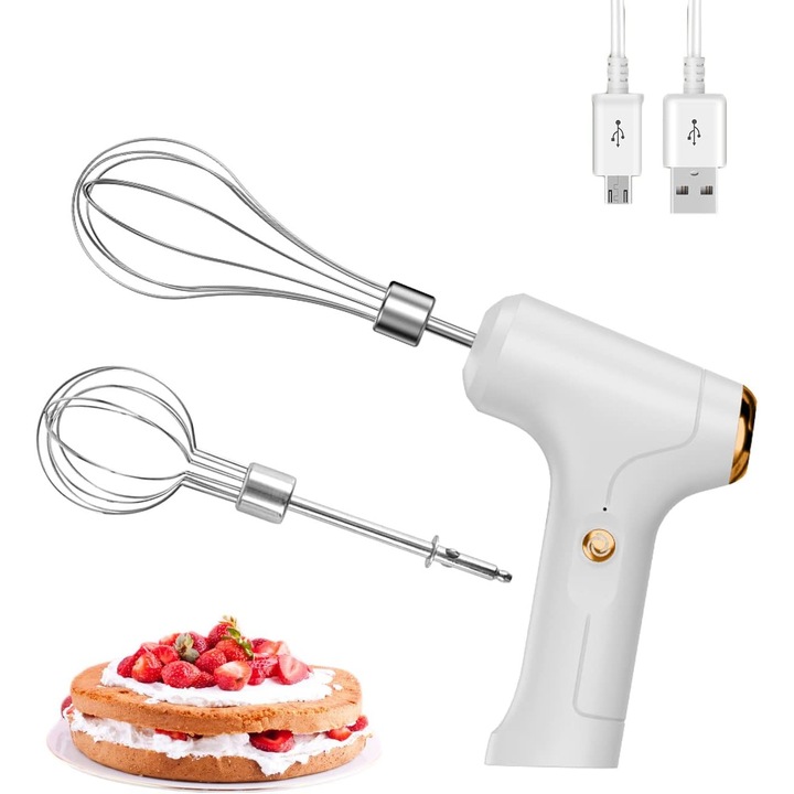 Електрически миксер, 2 разглобяеми бъркалки, USB зареждане, вертикален дизайн, бял