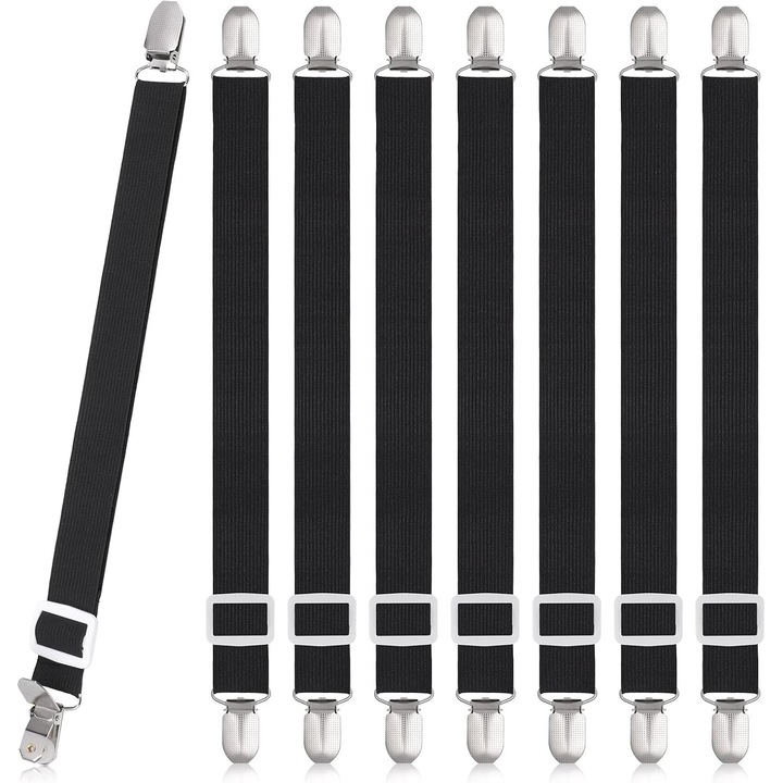 8 darabos lepedőcsipesz készlet, állítható, maximális rugalmasság 120 cm, fekete