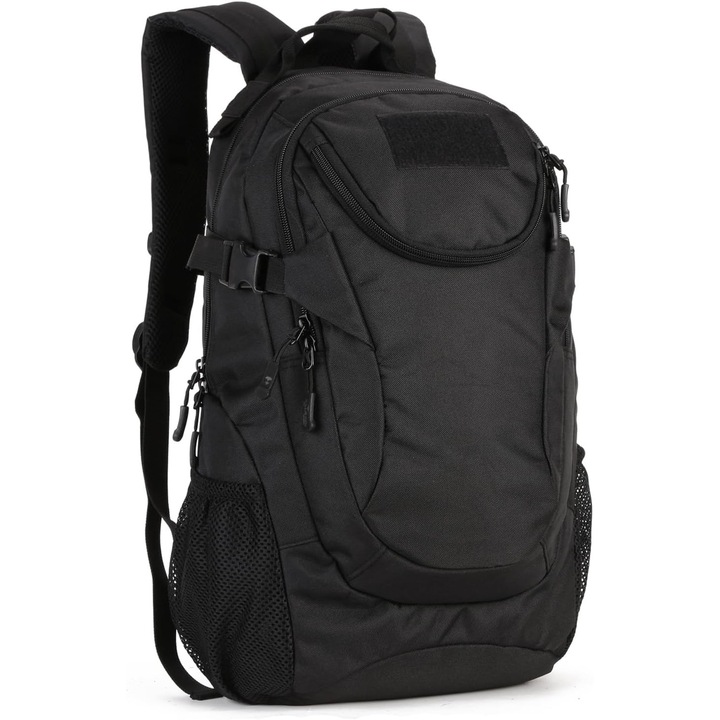 Rucsac 25L, dimensiuni 28x19x46cm, material nylon militar, rezistent la apa, pentru drumetii, camping, ciclism, culoare neagra