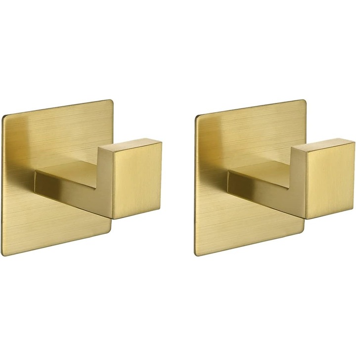 Carlige patrate din otel inoxidabil SUS 304, set de 2, finisaj aurit, montare pe perete, autoadezive