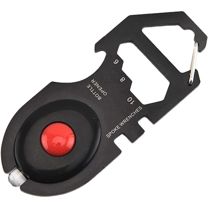 Card multifunctional din otel pentru camping, design usor, cu lanterna LED, negru