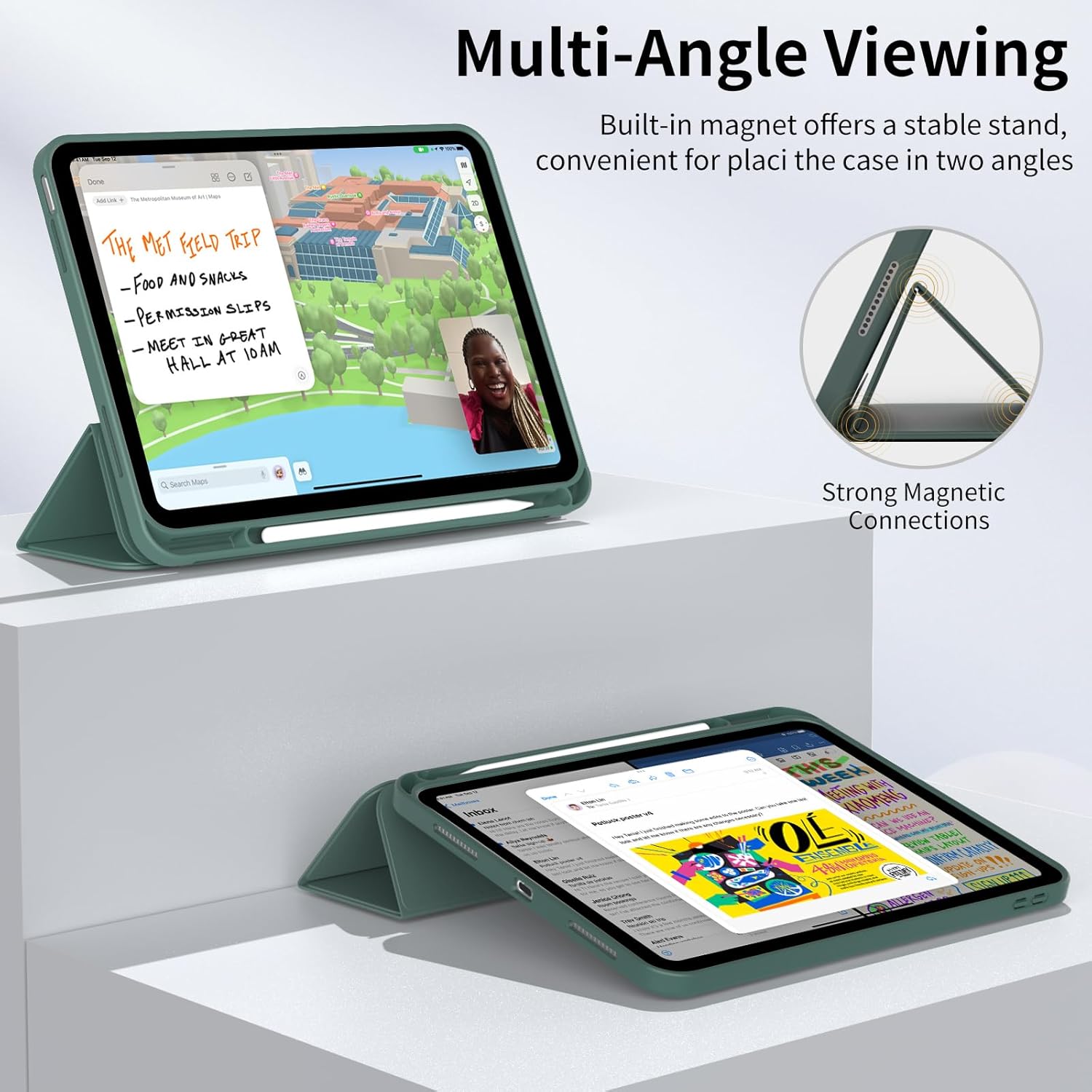 Husa de protectie pentru iPad (A16) 11 generatie de 11 inch 2025, husa pentru iPad 10 generatie de 10, 9 inch 2022, cu suport pentru stilou, husa inteligenta cu suport pliabil in trei, husa spate ultra-subtire din TPU moale, Verde inchis