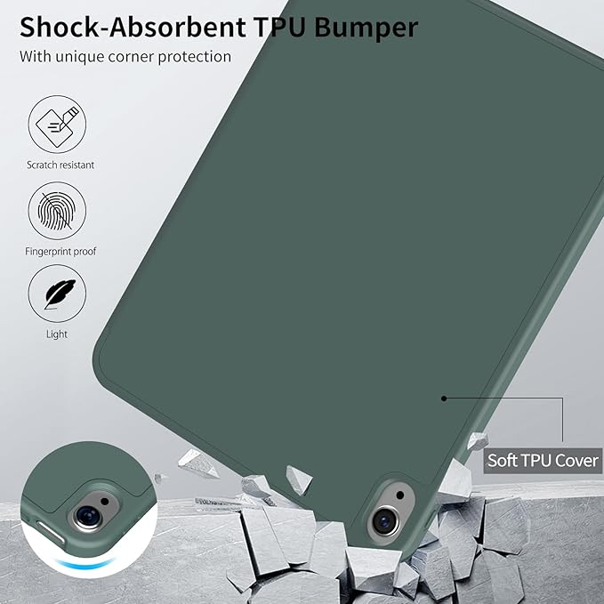 Husa de protectie pentru iPad (A16) 11 generatie de 11 inch 2025, husa pentru iPad 10 generatie de 10, 9 inch 2022, cu suport pentru stilou, husa inteligenta cu suport pliabil in trei, husa spate ultra-subtire din TPU moale, Verde inchis