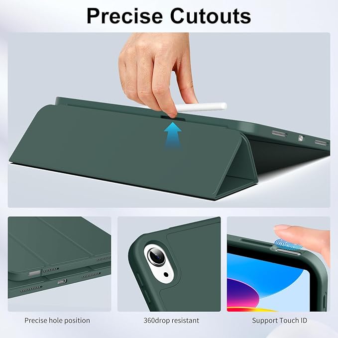 Husa de protectie pentru iPad (A16) 11 generatie de 11 inch 2025, husa pentru iPad 10 generatie de 10, 9 inch 2022, cu suport pentru stilou, husa inteligenta cu suport pliabil in trei, husa spate ultra-subtire din TPU moale, Verde inchis