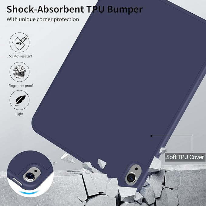 Husa de protectie pentru iPad (A16) 11 generatie de 11 inch 2025, husa pentru iPad 10 generatie de 10, 9 inch 2022, cu suport pentru stilou, husa inteligenta cu suport pliabil in trei, husa spate ultra-subtire din TPU moale, Albastru marin