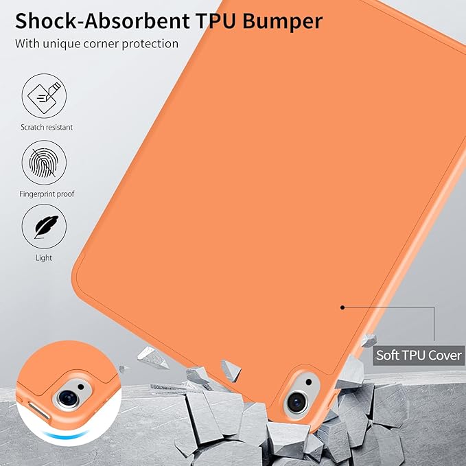 Husa de protectie pentru iPad (A16) 11 generatie de 11 inch 2025, husa pentru iPad 10 generatie de 10, 9 inch 2022, cu suport pentru stilou, husa inteligenta cu suport pliabil in trei, husa spate ultra-subtire din TPU moale, Portocale
