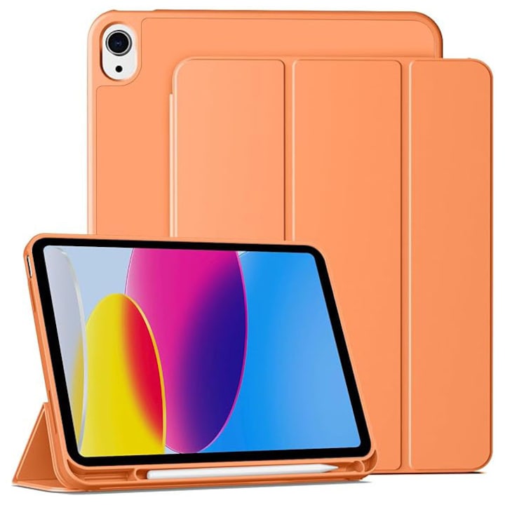 Защитен калъф за iPad (A16) 11-то поколение 11 инча 2025, калъф за iPad 10-то поколение 10,9 инча 2022, с държач за писалка, интелигентен калъф с тройно сгъваема стойка, ултратънък мек TPU заден калъф, оранжев