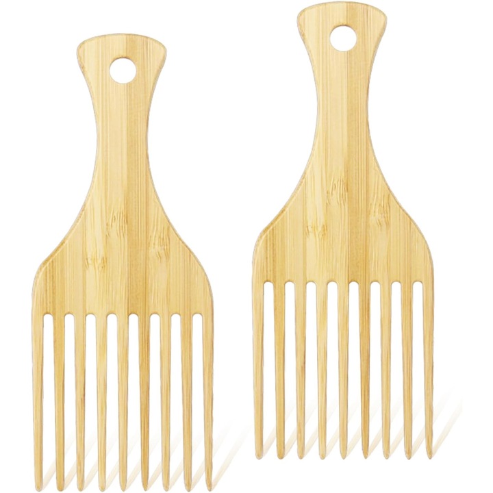 Set 2 perii afro din lemn, piepteni detanglare, pentru par cret, ondulat, gros, lung