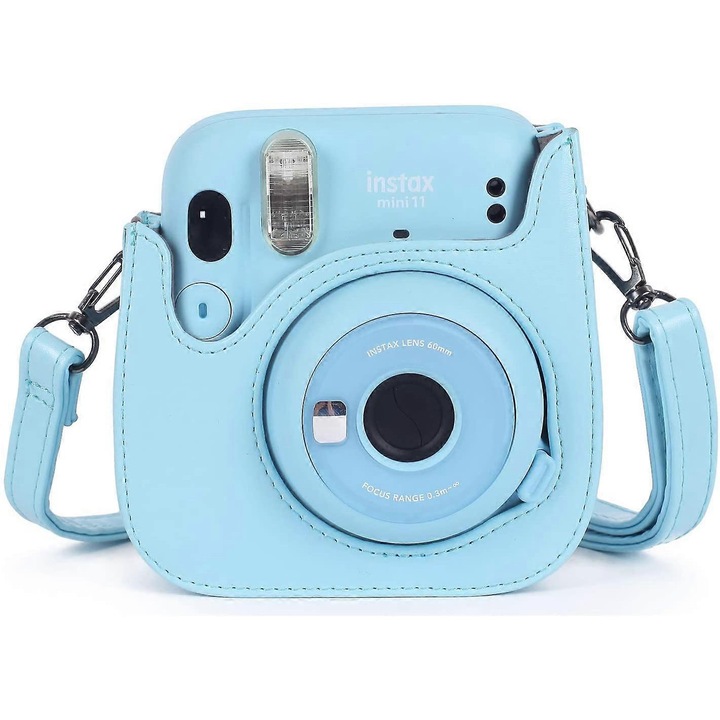 Husa foto pentru Instax Mini 11, piele sintetica, cu buzunar si curea ajustabila, albastru