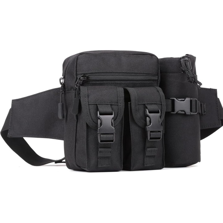 Sporttáska, fekete, 17x14x5cm, levehető vizespalack tartóval, állítható pánttal