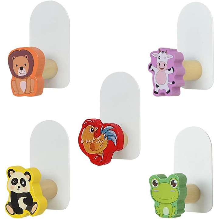 Set de 5 carlige autoadezive, din lemn, cu design animale, pentru copii, multicolor