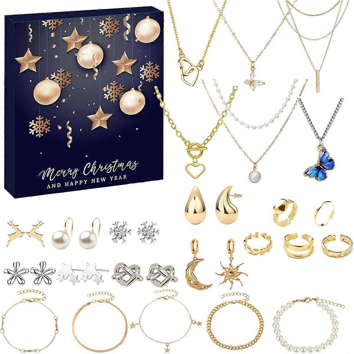 Calendar Advent pentru femei, 24 bijuterii, cercei, coliere, bratari, inele, multicolor