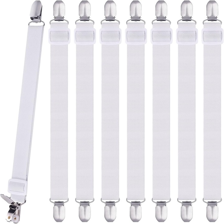 8 darabos lepedőcsipesz készlet, állítható, maximális rugalmasság 120 cm, fehér