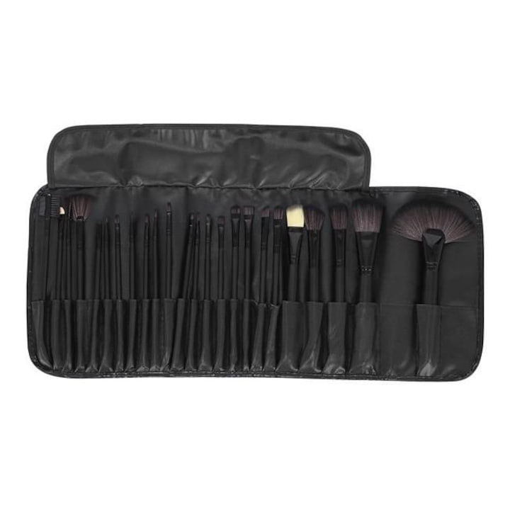 Set 24 pensule machiaj cu peri sintetici, gentuta depozitare, colectie completa pentru machiaj profesional, negru