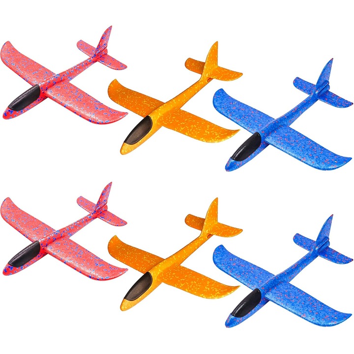 Set 6 avioane din spuma, 36x37cm, doua moduri de zbor, jucarii pentru activitati in aer liber