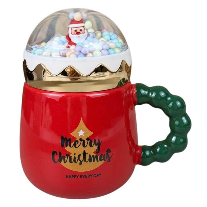 Karácsonyi bögre „Magic Globe” piros, arany fenyőfával, 450 ml