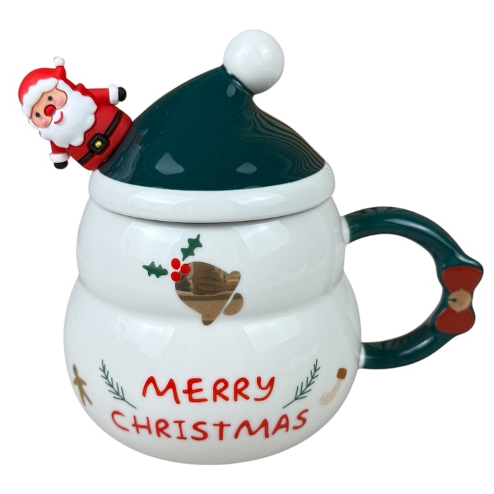 Коледна чаша „Парти на Дядо Коледа“ бяло-зелена, 480 мл