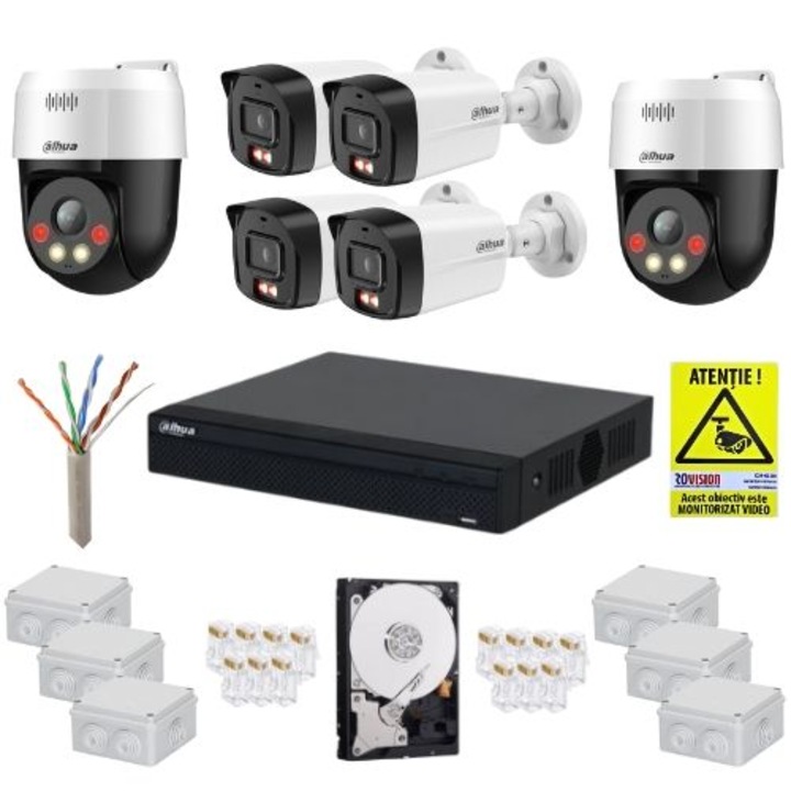 Kit Supraveghere Dahua, 4 camere (2 rotative 5MP + 2 fixe 4MP), NVR 8 canale, HDD 1TB, IR 30m, Microfon, Difuzor