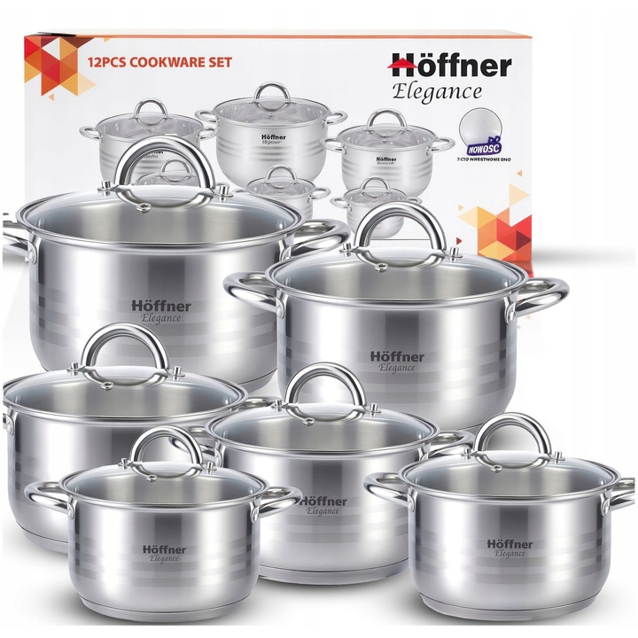 12 db-os rozsdamentes acél edénykészlet HOFFNER, indukciós főzőlap kompatibilis, elegáns design