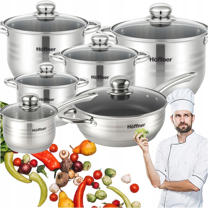 Комплект съдове за готвене от неръждаема стомана 12 части - индукция, газ, тигани, тенджери